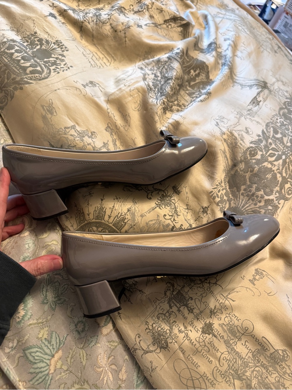 Prada Taupe Patent Leather Low Block Heel Pumps with Bow Accent
